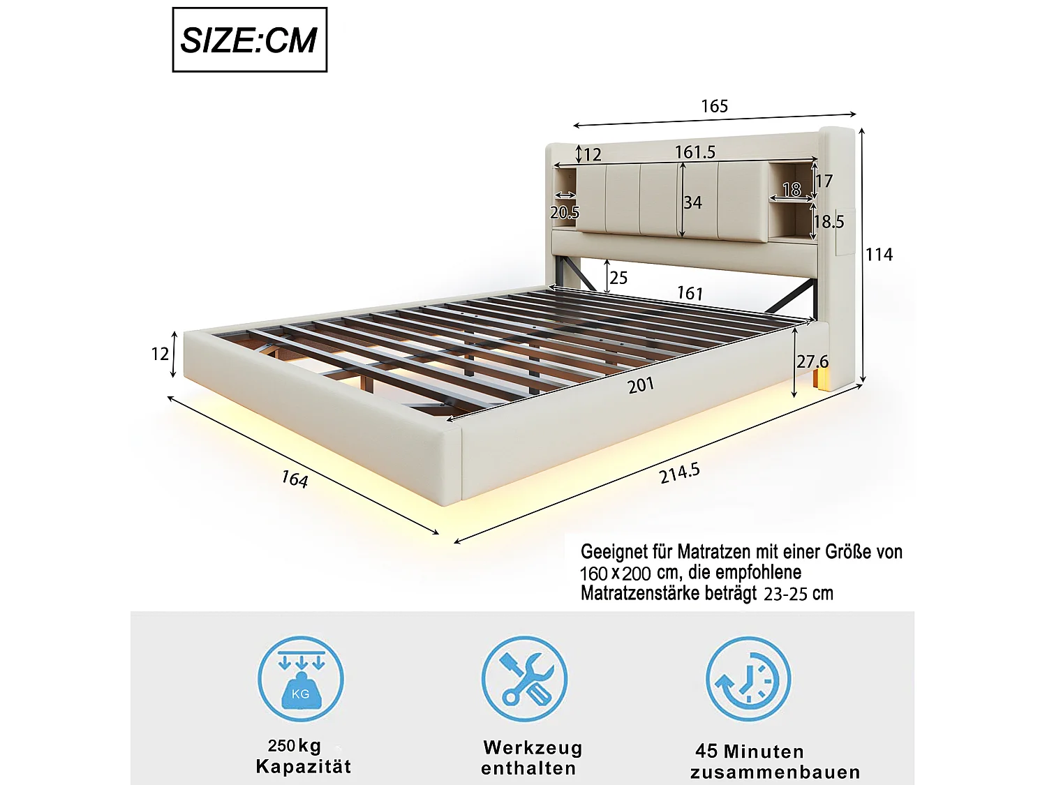 Lit adulte 160x200cm beige en lin, designe flottant avec LED et USB, tête de lit de rangement, sans matelas