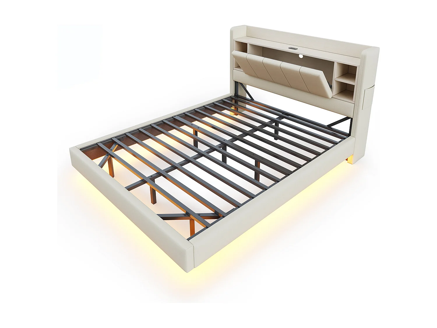 Lit adulte 160x200cm beige en lin, designe flottant avec LED et USB, tête de lit de rangement, sans matelas