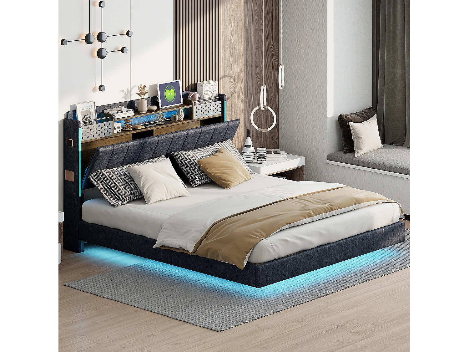 Lit adulte 160x200cm gris en lin avec tête de lit de rangement, LED et USB, designe flottant, sans matelas