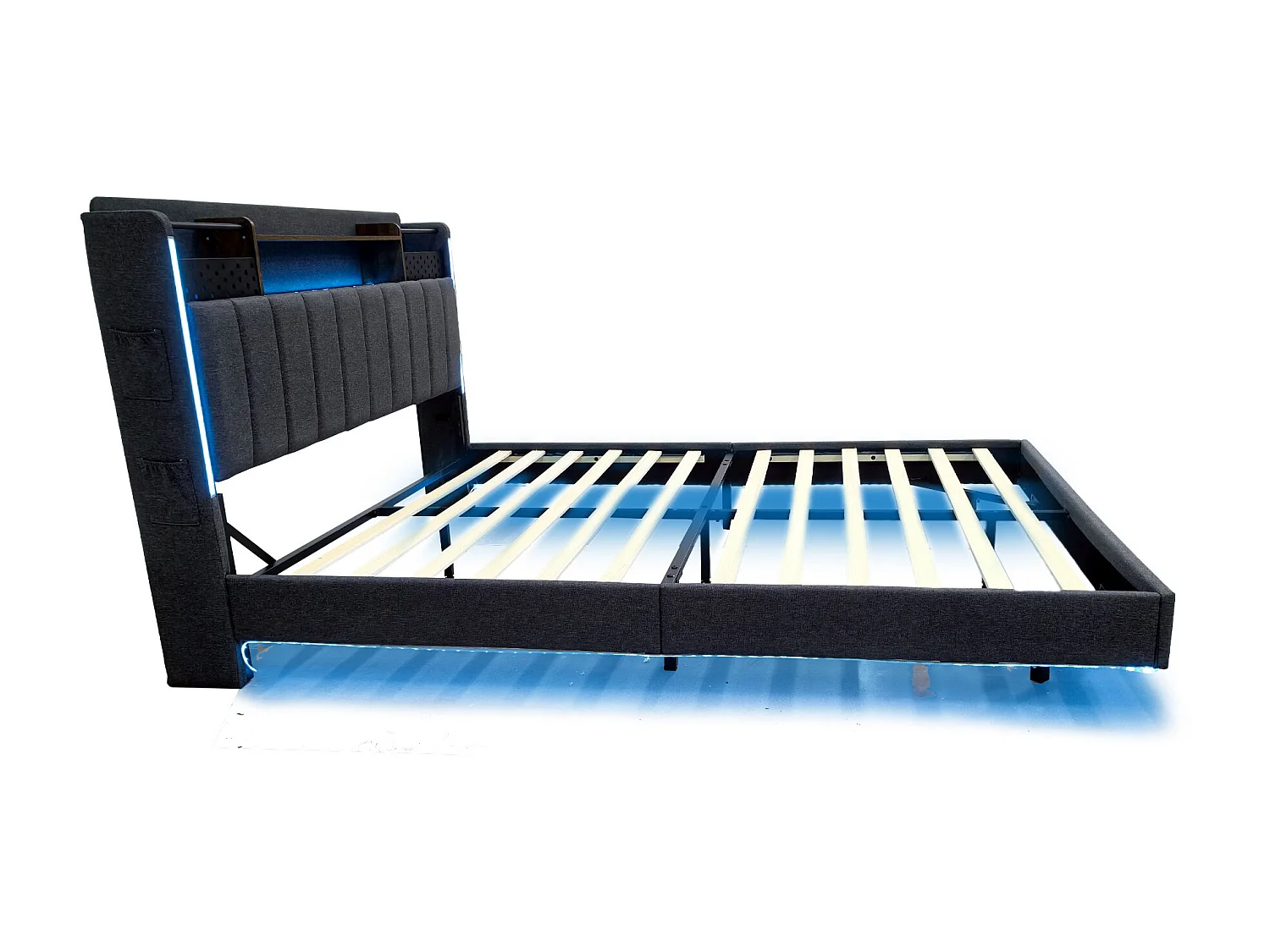 Lit adulte 160x200cm gris en lin avec tête de lit de rangement, LED et USB, designe flottant, sans matelas