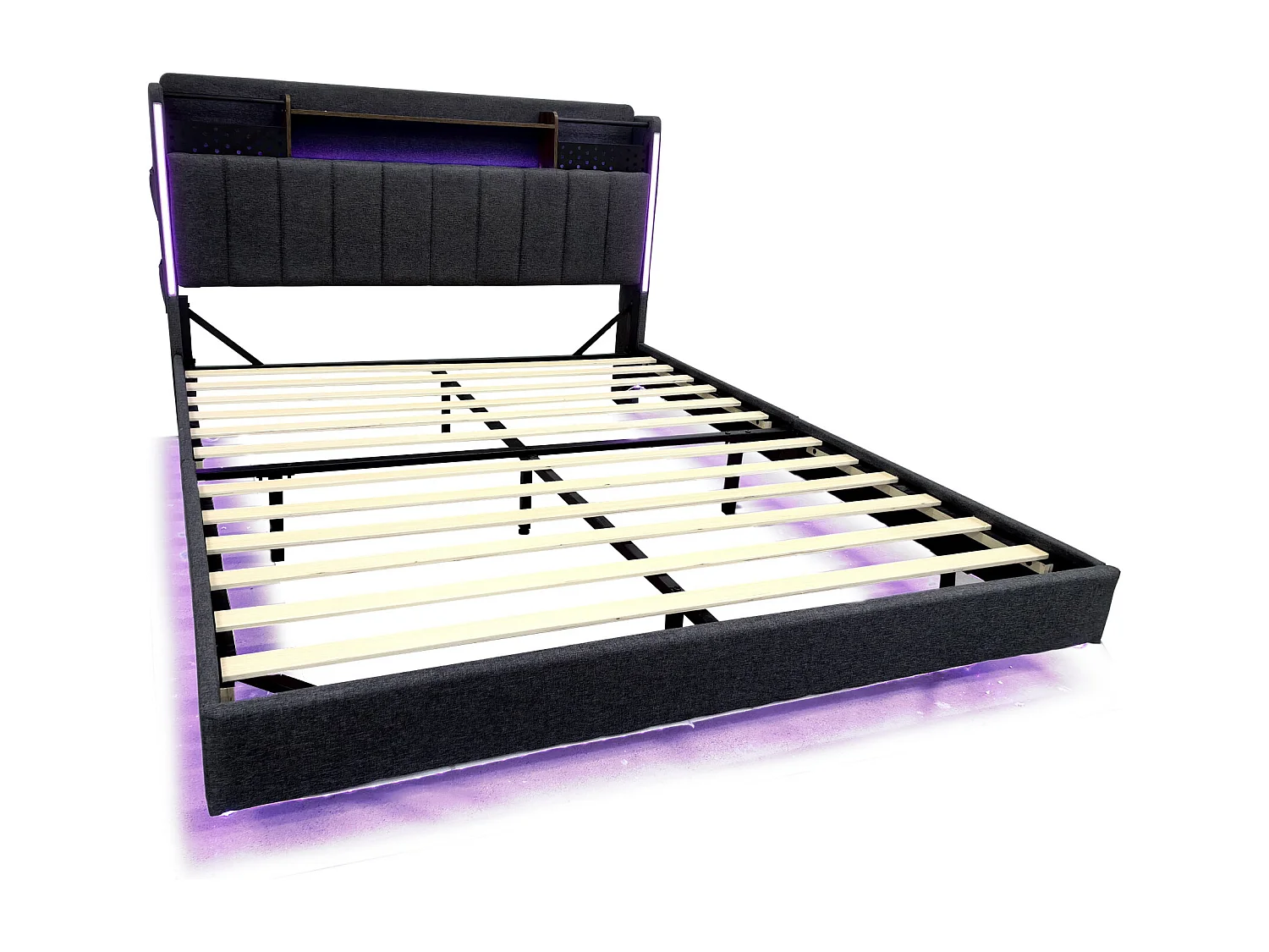 Lit adulte 160x200cm gris en lin avec tête de lit de rangement, LED et USB, designe flottant, sans matelas