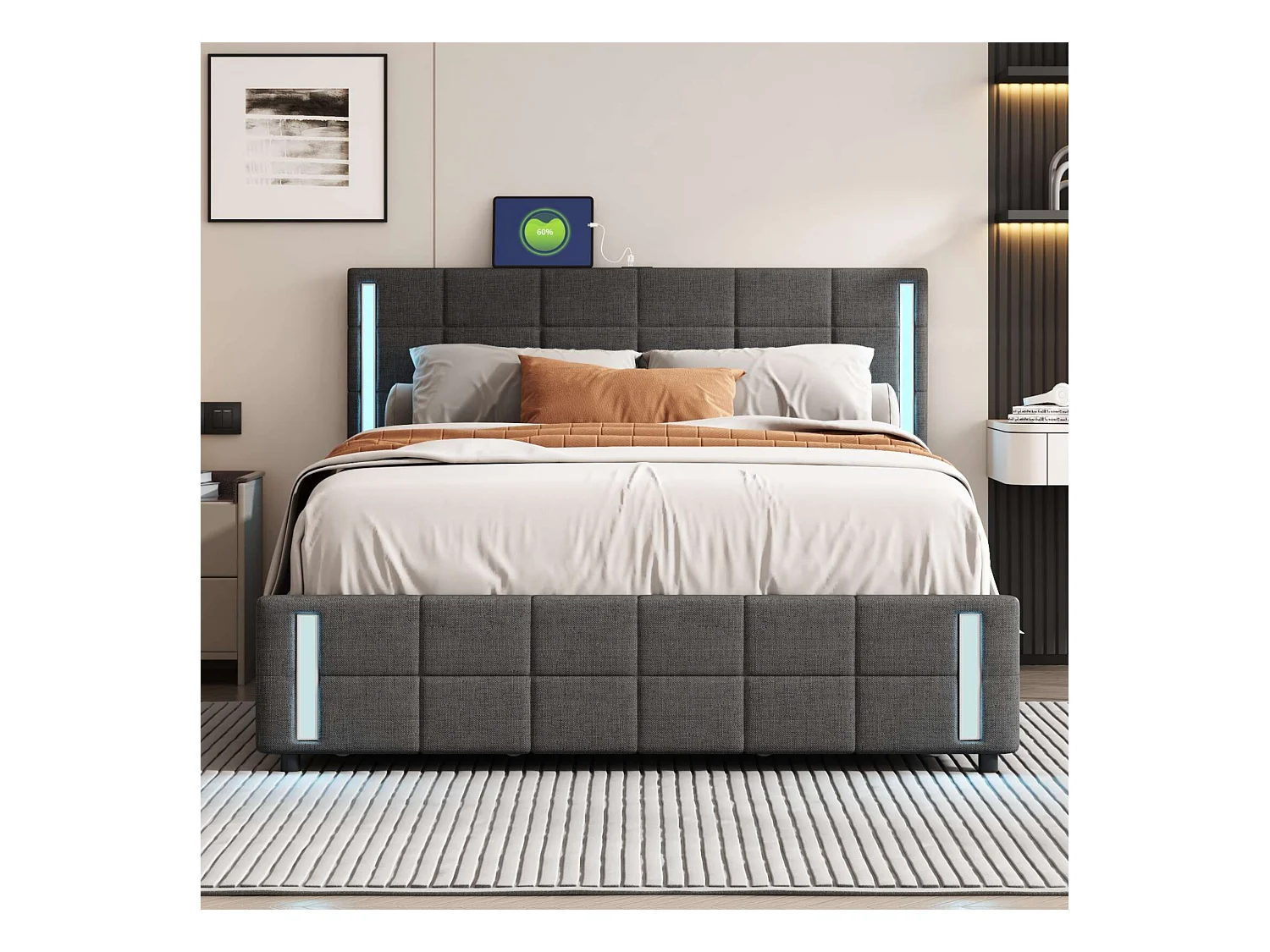 Lit adulte 160x200cm gris en PU avec 4 tiroirs, LED et USB, cadre en métal, sans matelas