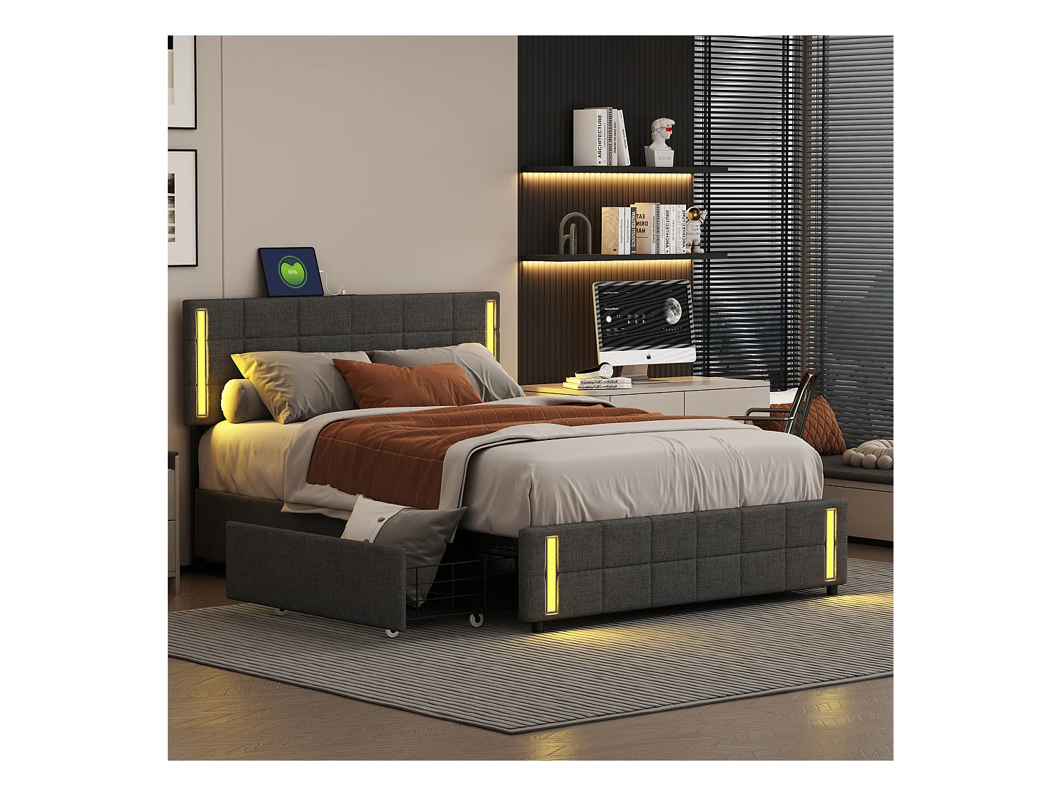 Lit adulte 160x200cm gris en PU avec 4 tiroirs, LED et USB, cadre en métal, sans matelas