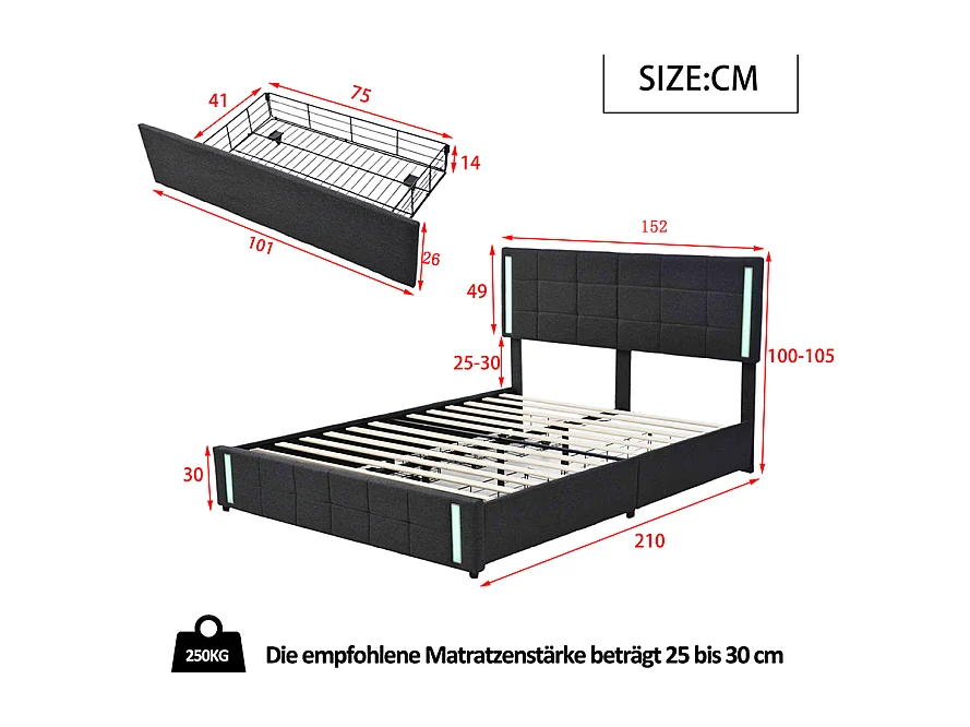 Lit adulte 160x200cm gris en PU avec 4 tiroirs, LED et USB, cadre en métal, sans matelas