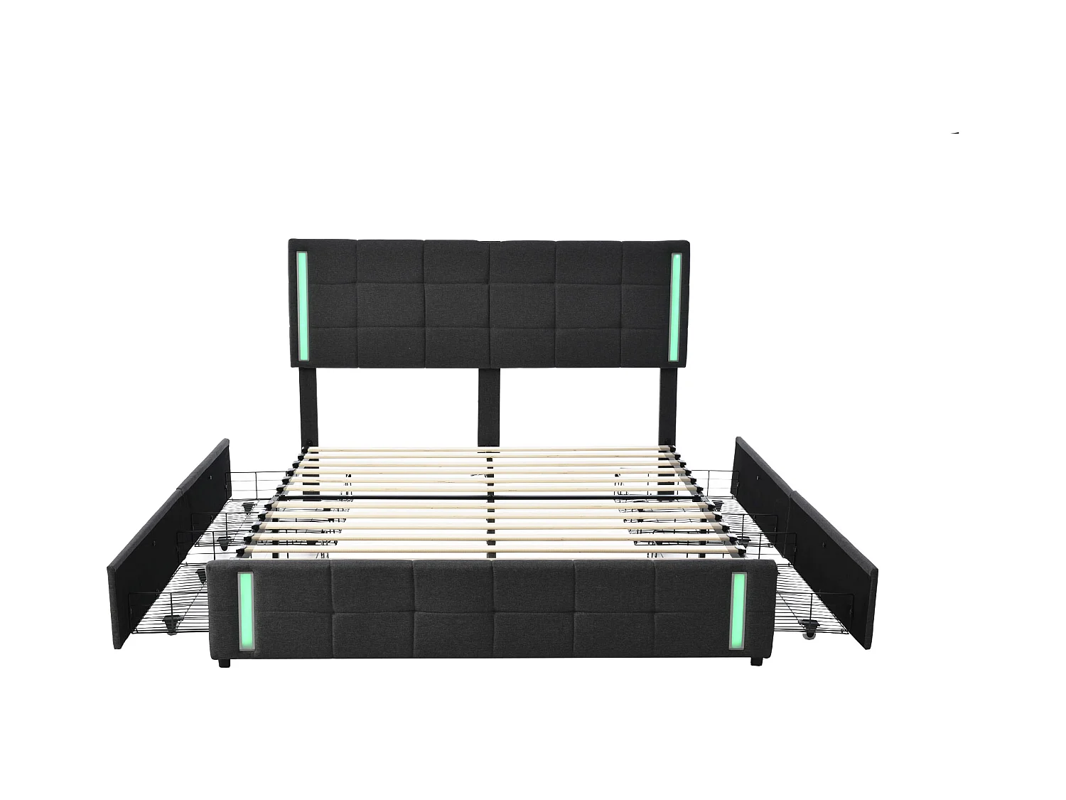 Lit adulte 160x200cm gris en PU avec 4 tiroirs, LED et USB, cadre en métal, sans matelas