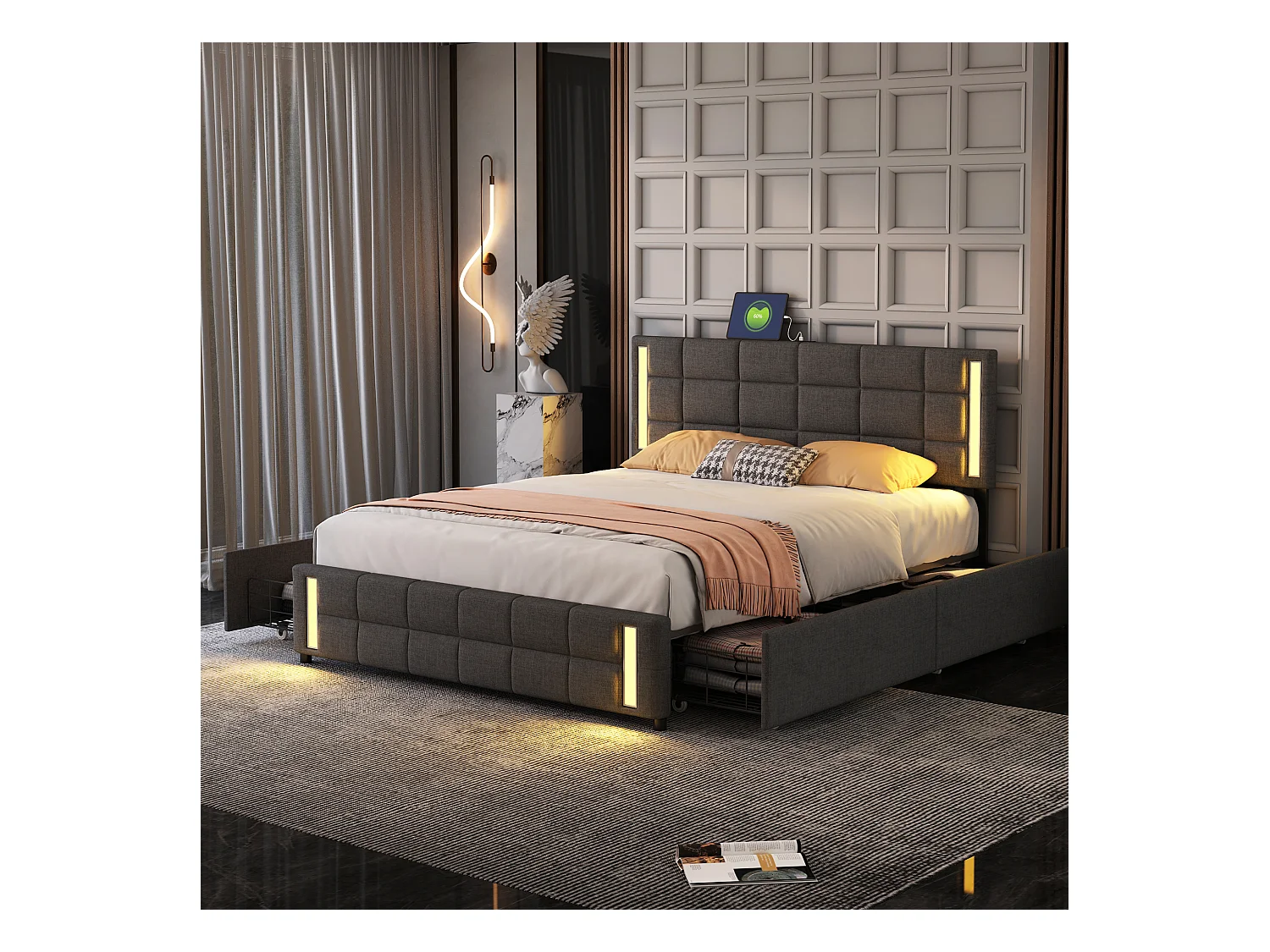 Lit adulte 160x200cm gris en PU avec 4 tiroirs, LED et USB, cadre en métal, sans matelas