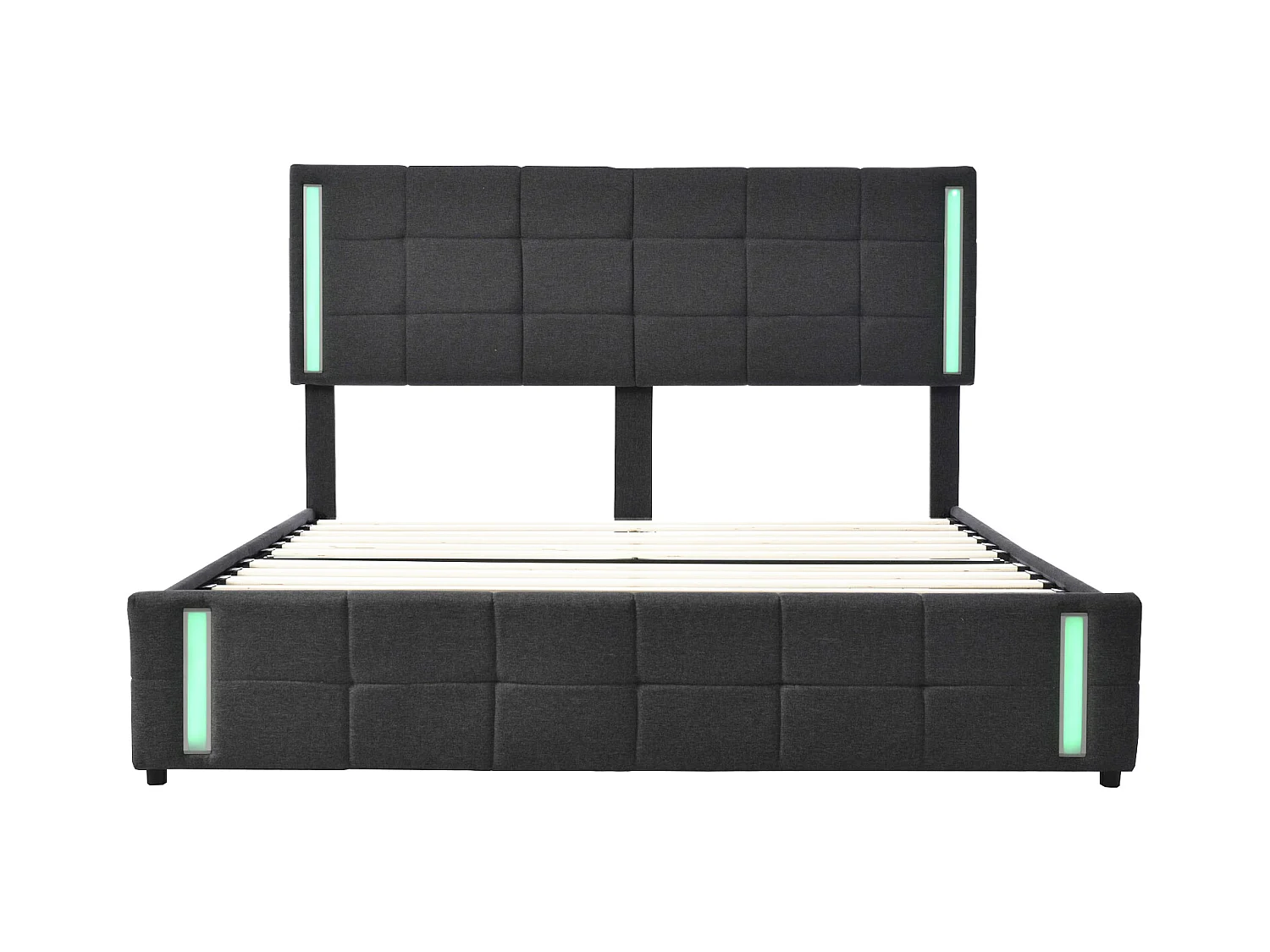 Lit adulte 160x200cm gris en PU avec 4 tiroirs, LED et USB, cadre en métal, sans matelas