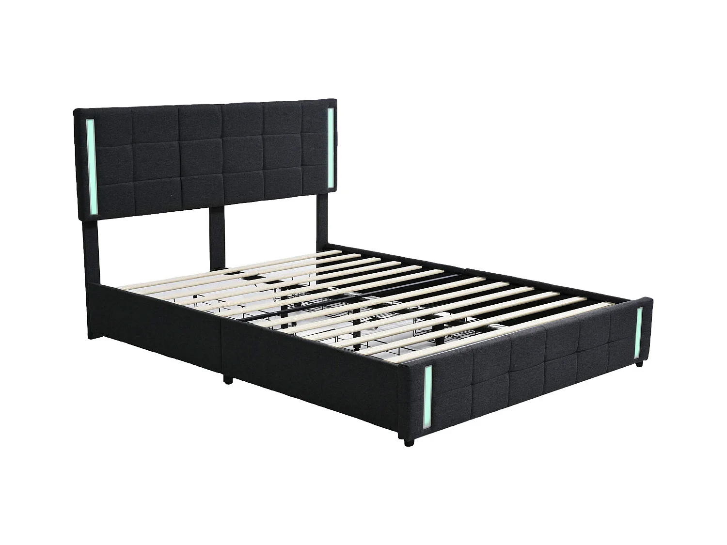 Lit adulte 160x200cm gris en PU avec 4 tiroirs, LED et USB, cadre en métal, sans matelas