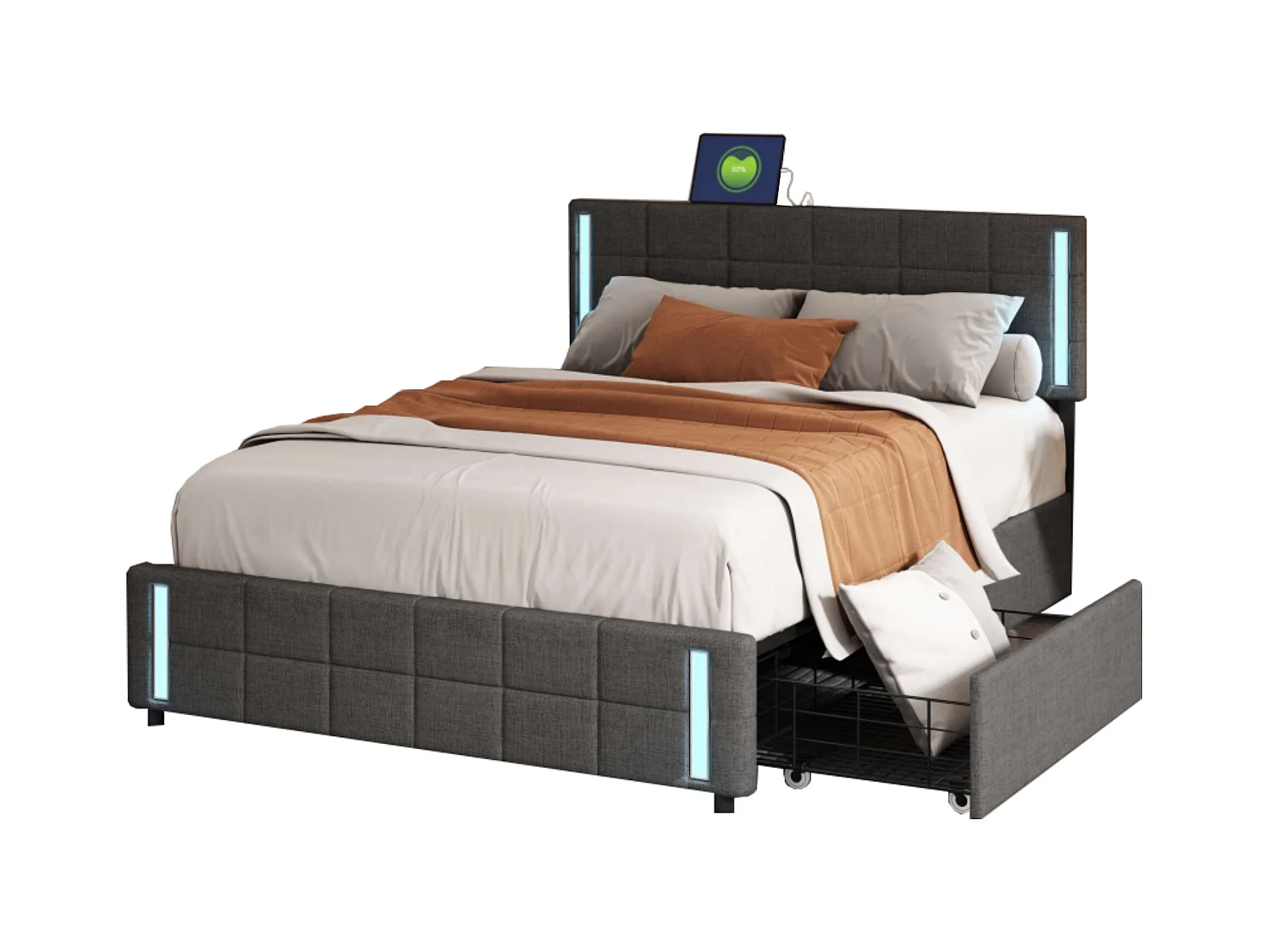 Lit adulte 160x200cm gris en PU avec 4 tiroirs, LED et USB, cadre en métal, sans matelas