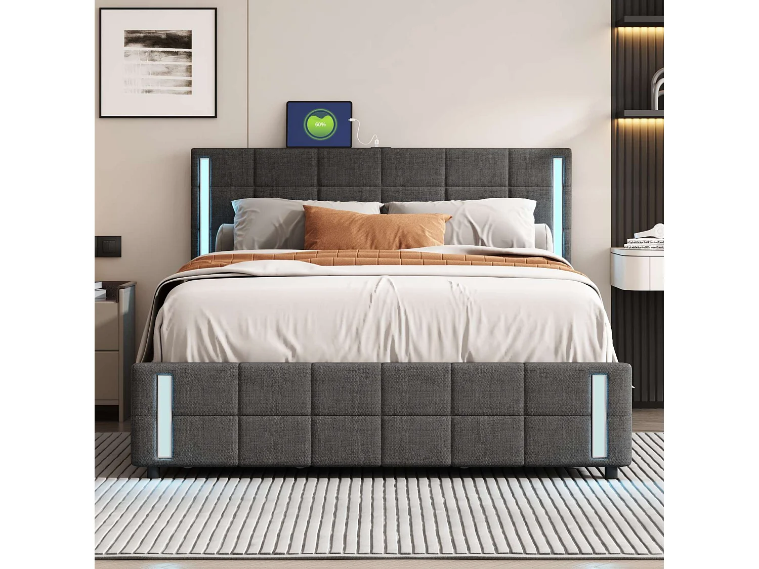 Lit adulte 160x200cm gris en PU avec 4 tiroirs, LED et USB, cadre en métal, sans matelas