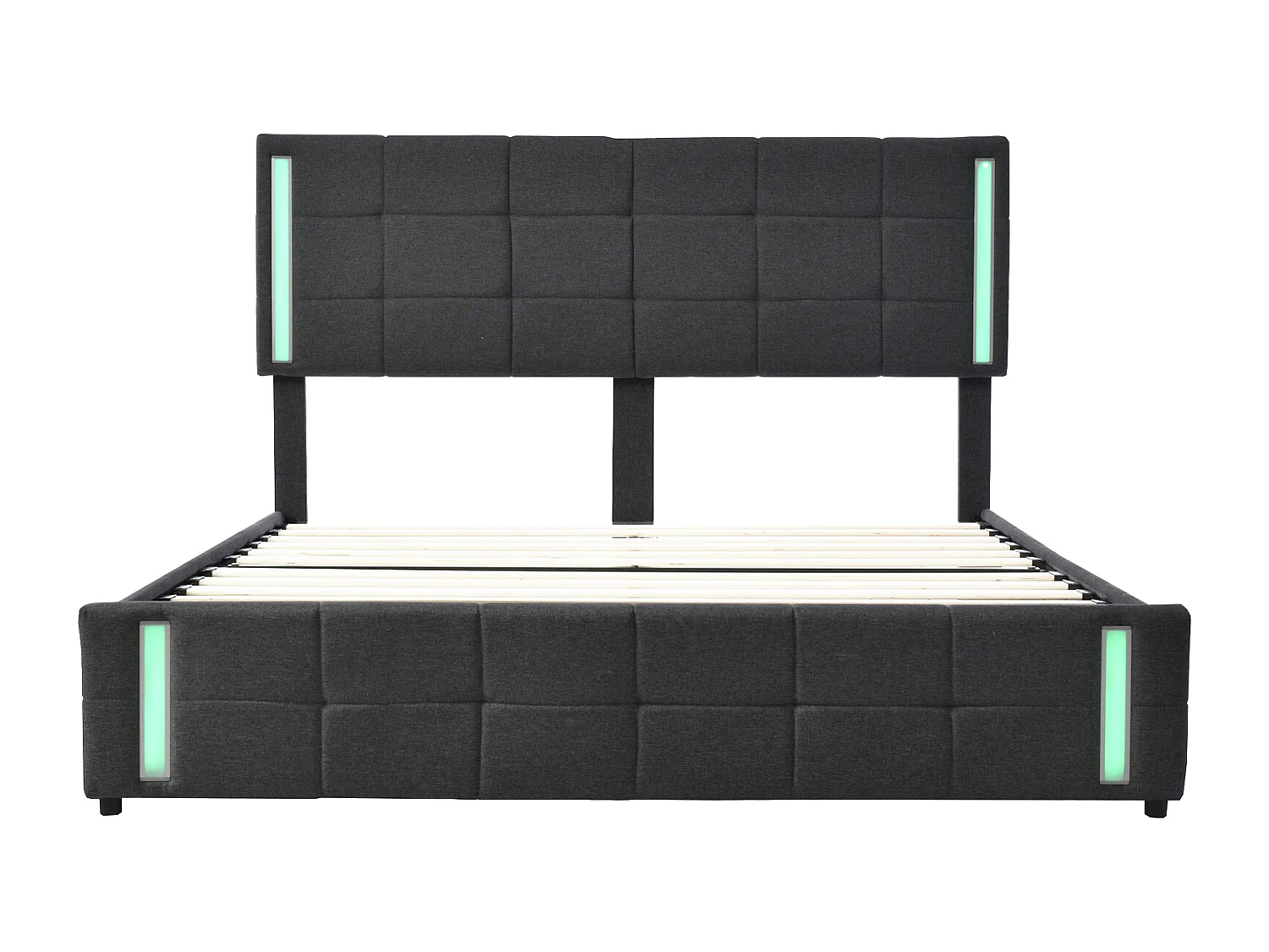 Lit adulte 160x200cm gris en PU avec 4 tiroirs, LED et USB, cadre en métal, sans matelas