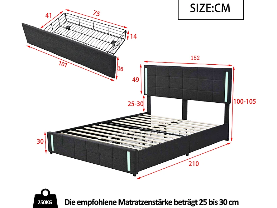 Lit adulte 160x200cm gris en PU avec 4 tiroirs, LED et USB, cadre en métal, sans matelas