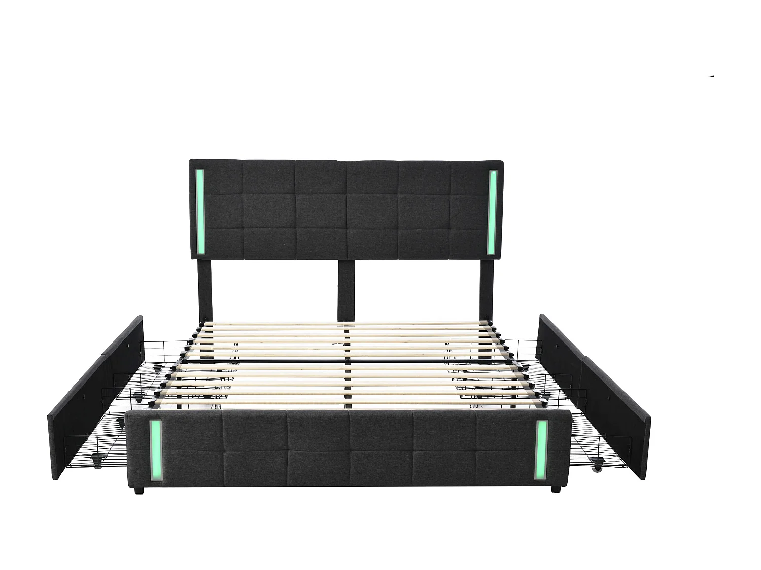 Lit adulte 160x200cm gris en PU avec 4 tiroirs, LED et USB, cadre en métal, sans matelas