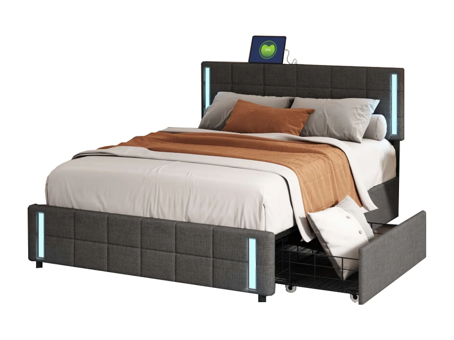 Lit adulte 160x200cm gris en PU avec 4 tiroirs, LED et USB, cadre en métal, sans matelas