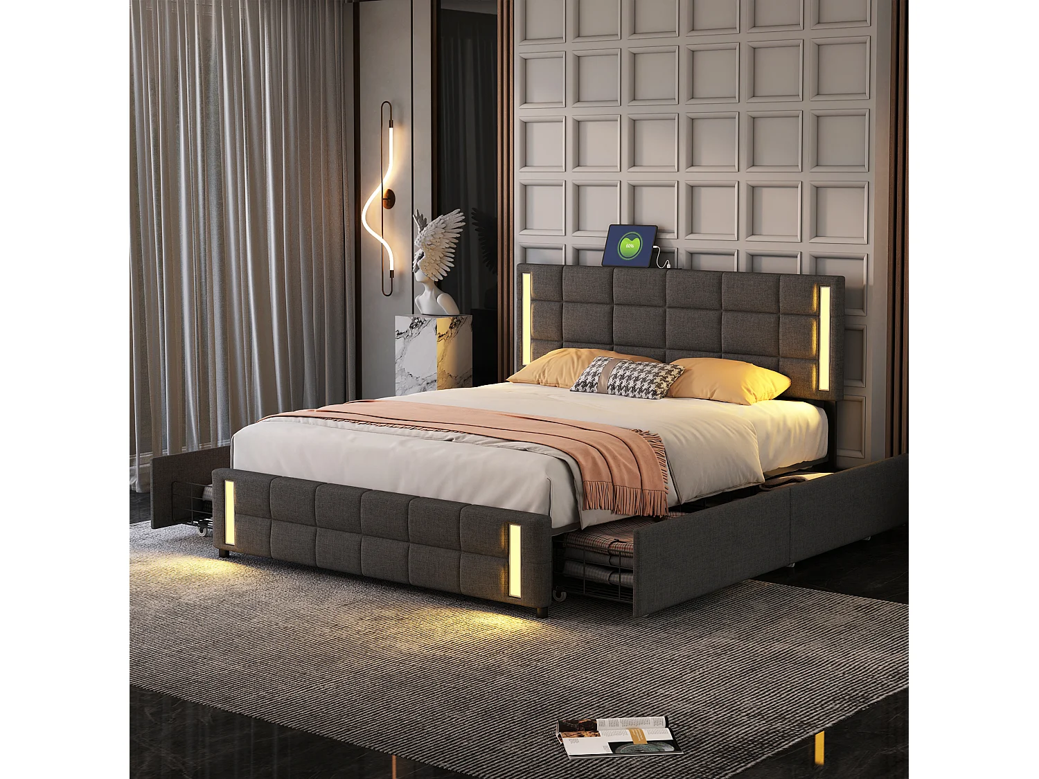 Lit adulte 160x200cm gris en PU avec 4 tiroirs, LED et USB, cadre en métal, sans matelas