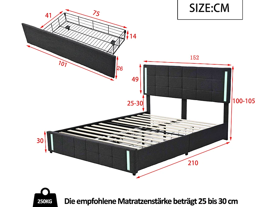 Cama para adulto 160x200 cm em PU cinza com 4 gavetas, LED e USB, estrutura metálica, sem colchão