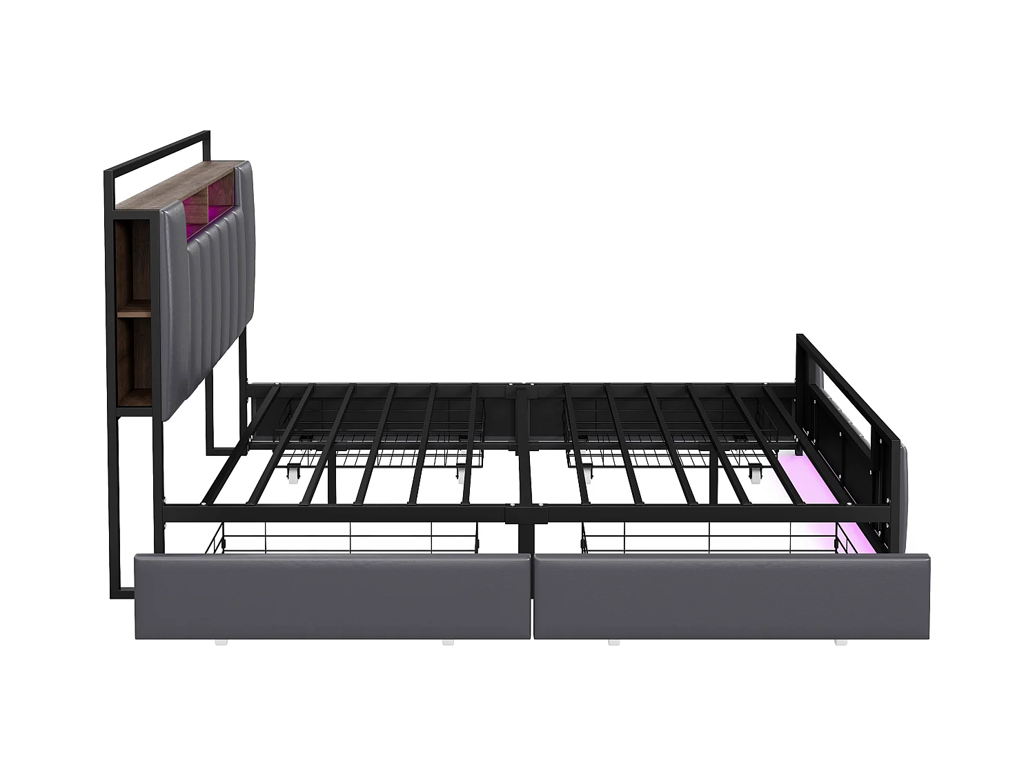 Cama para adulto 140x200 cm en PU gris con 4 cajones, LED y USB, estructura de metal, sin colchón