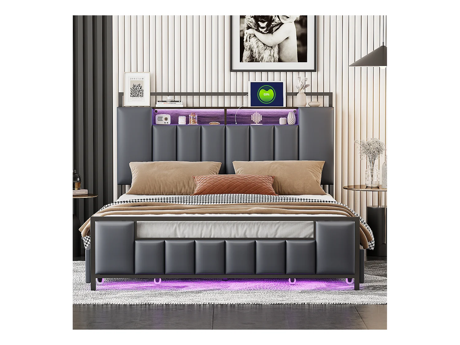 Cama para adulto 140x200 cm en PU gris con 4 cajones, LED y USB, estructura de metal, sin colchón