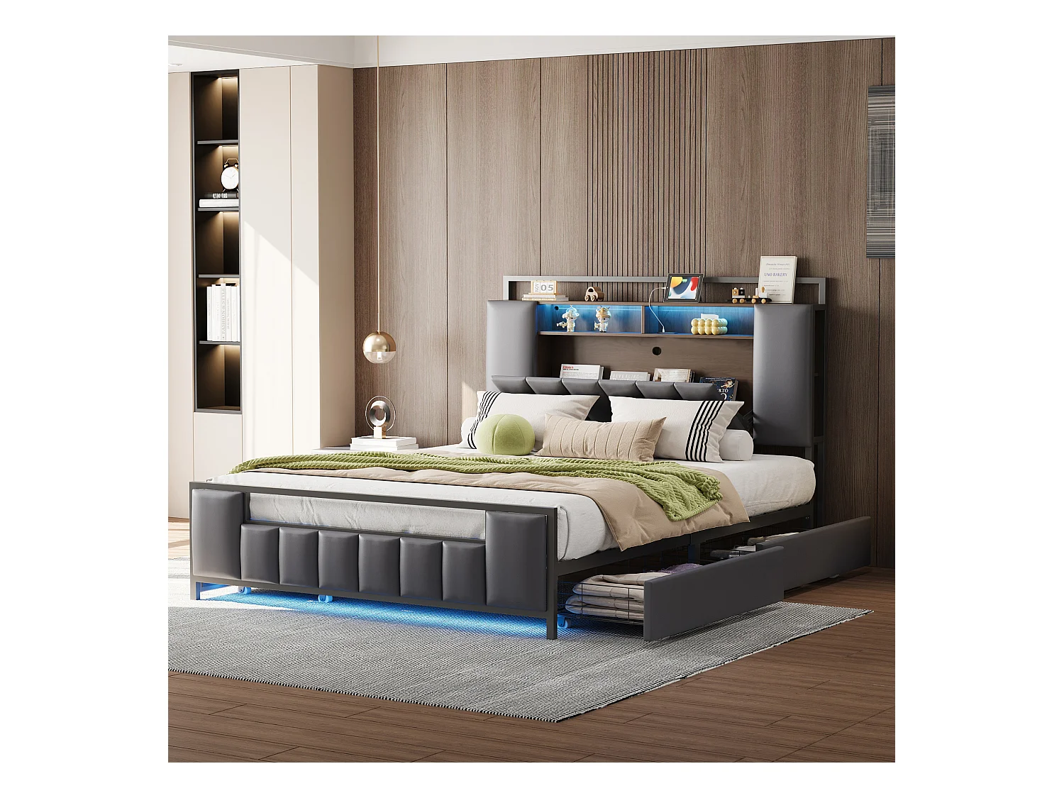 Bed voor volwassenen 140x200 cm in grijs PU met 4 lades, LED en USB, metalen frame, zonder matras