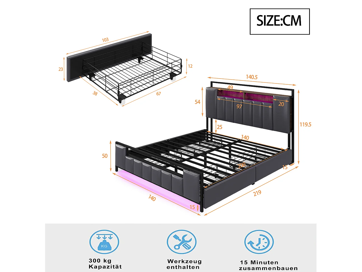 Lit adulte 140x200cm gris en PU avec 4 tiroirs, LED et USB, cadre en métal, sans matelas