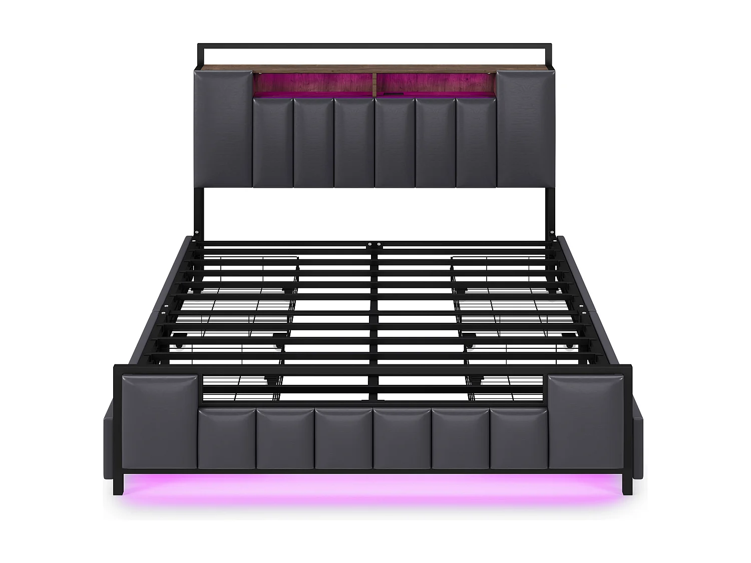 Lit adulte 140x200cm gris en PU avec 4 tiroirs, LED et USB, cadre en métal, sans matelas