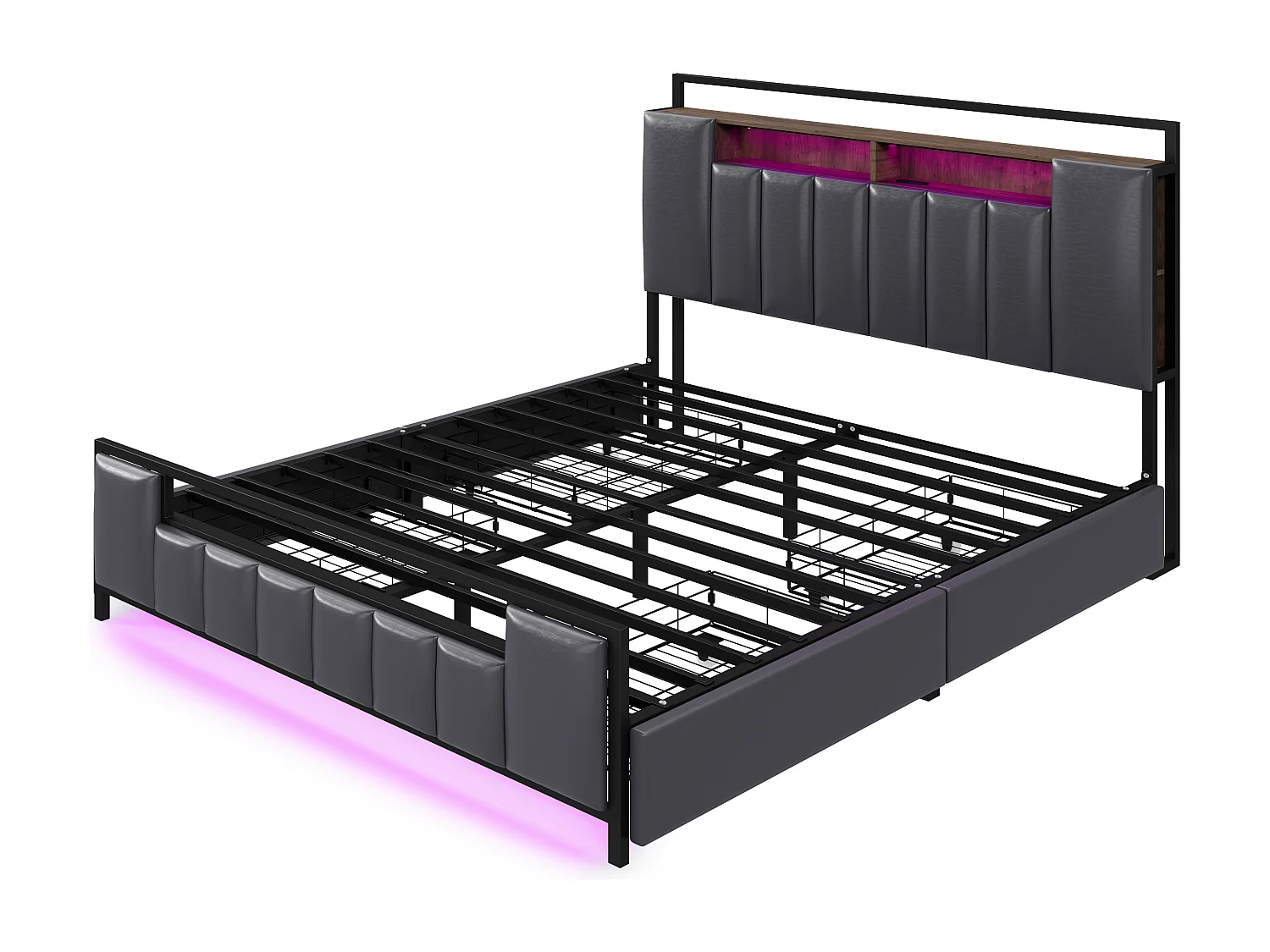Lit adulte 140x200cm gris en PU avec 4 tiroirs, LED et USB, cadre en métal, sans matelas