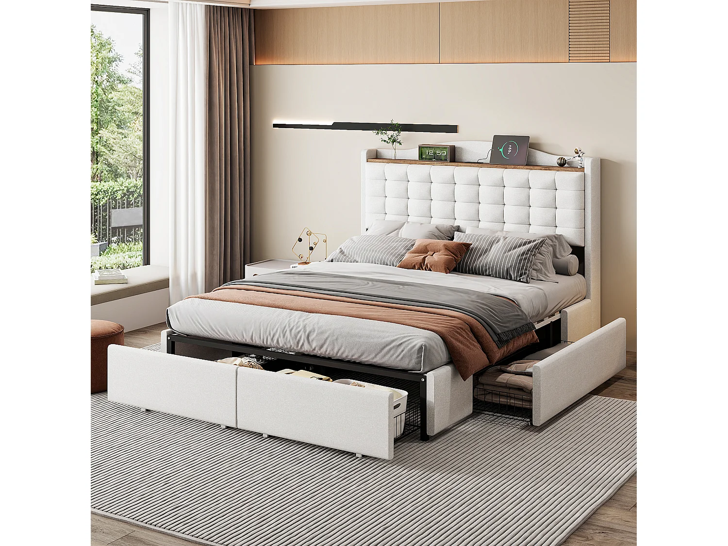 Lit adulte 140x200cm beige en lin avec 4 tiroirs et USB, Sommier à lattes, sans matelas
