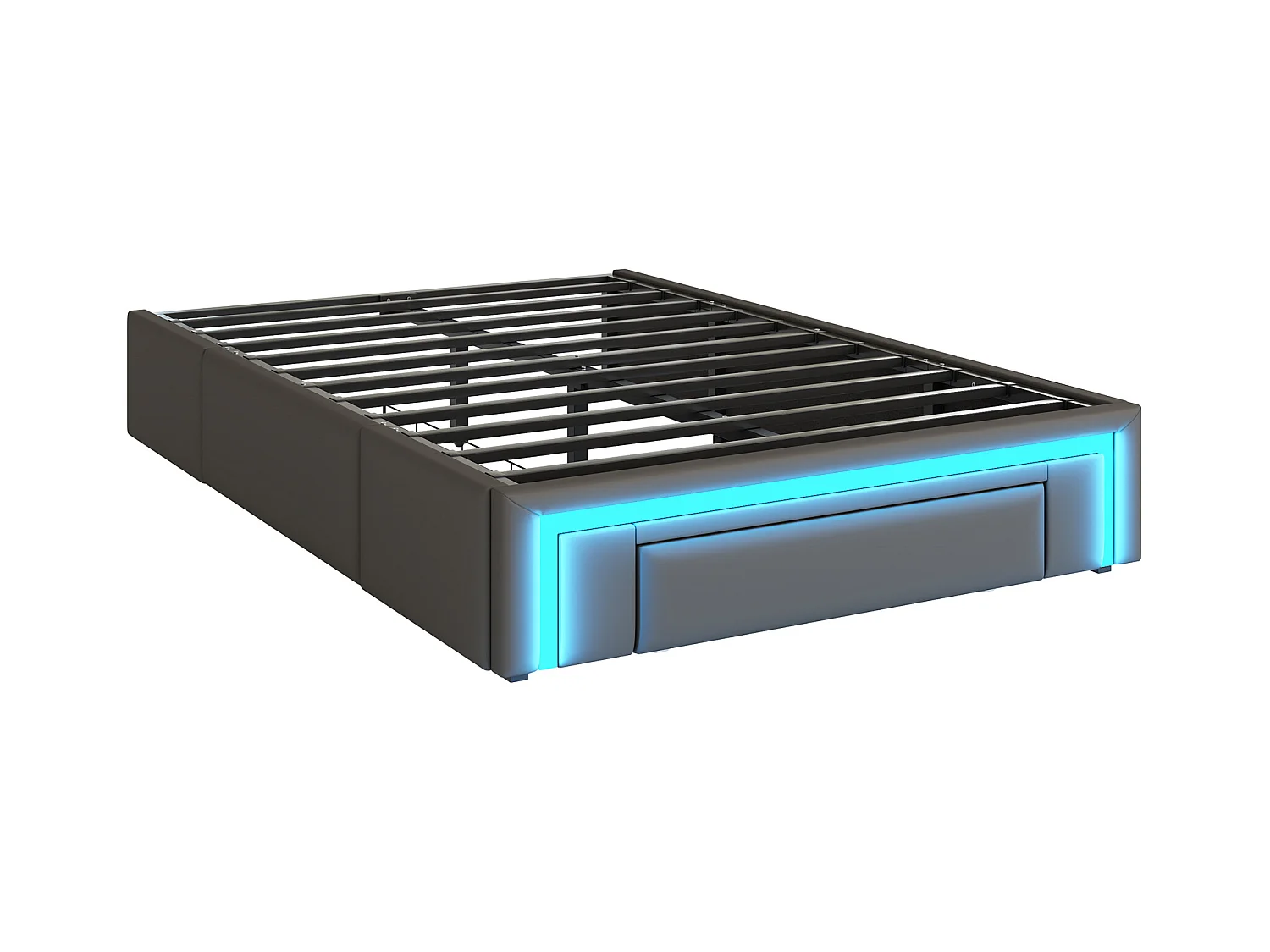 Lit enfant 90x200cm gris en PU avec 3 tiroirs et LED, sans tête de lit, sommier inclus, sans matelas