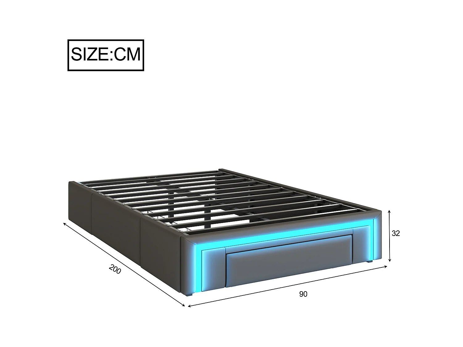 Lit enfant 90x200cm gris en PU avec 3 tiroirs et LED, sans tête de lit, sommier inclus, sans matelas