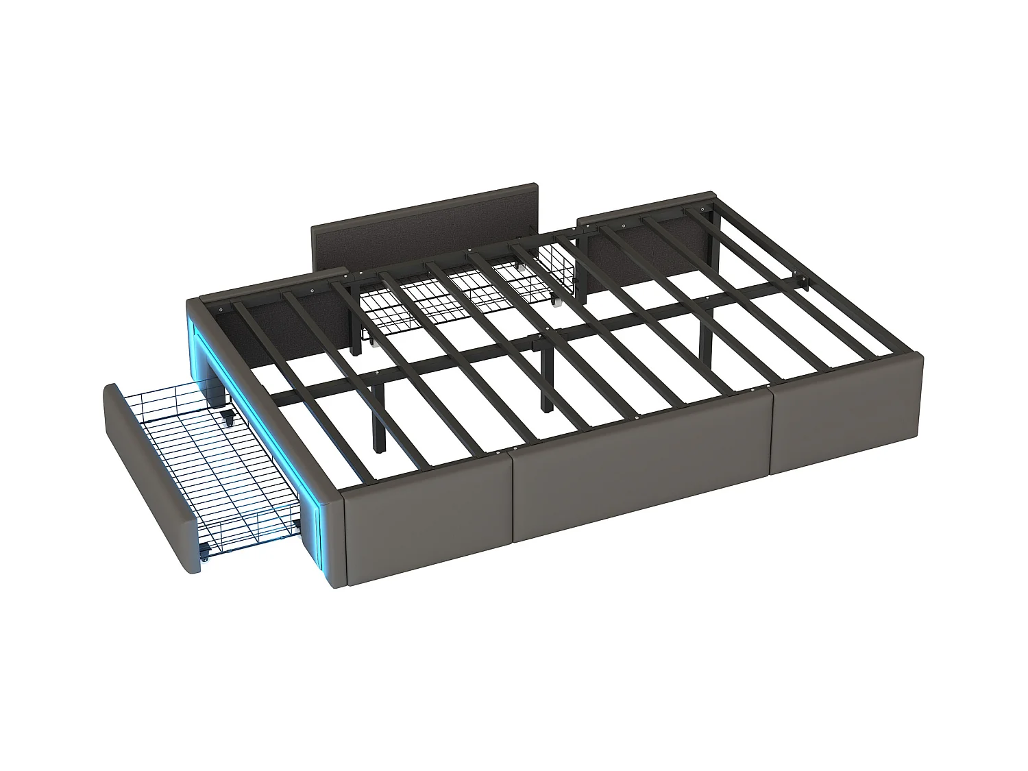 Lit enfant 90x200cm gris en PU avec 3 tiroirs et LED, sans tête de lit, sommier inclus, sans matelas