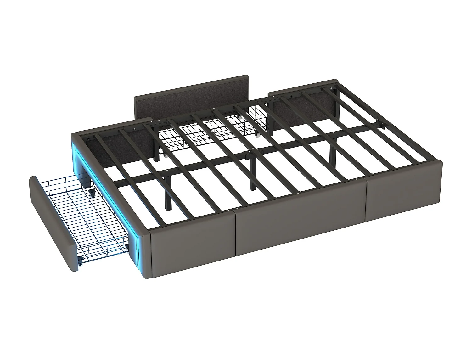 Letto per bambini 90x200 cm grigio in PU con 3 cassetti e LED, senza testiera, rete inclusa, senza materasso