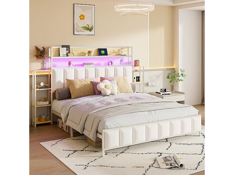 Cama adulta 160x200 cm blanca en PU, cabecero con estantes y luz LED, somier de láminas, sin colchón