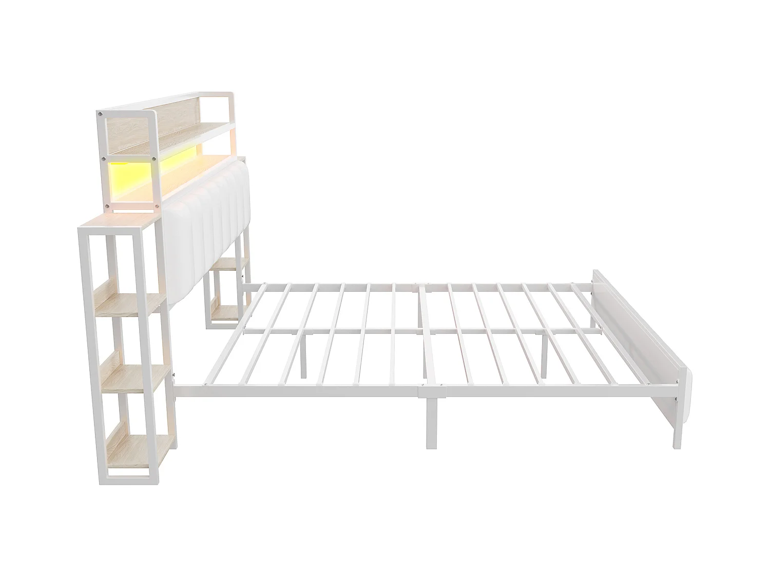 Cama de adulto 160x200 cm branca em PU, cabeceira com prateleiras e LED, estrado de ripas, sem colchão