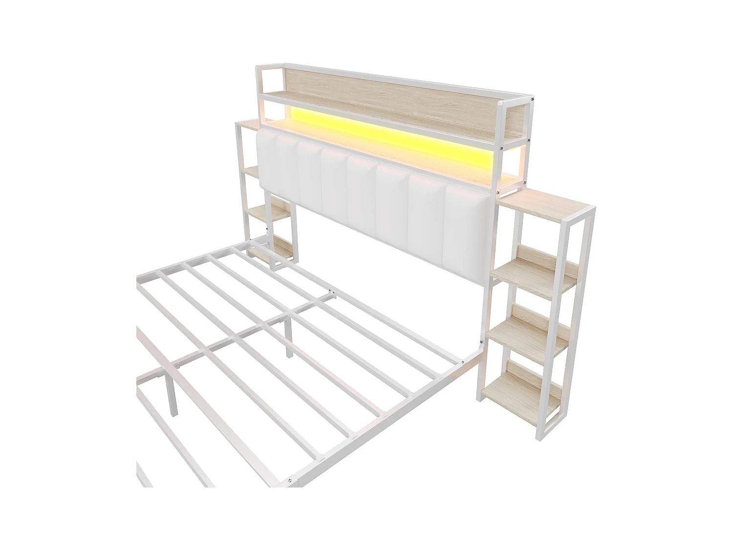 Cama de adulto 160x200 cm branca em PU, cabeceira com prateleiras e LED, estrado de ripas, sem colchão