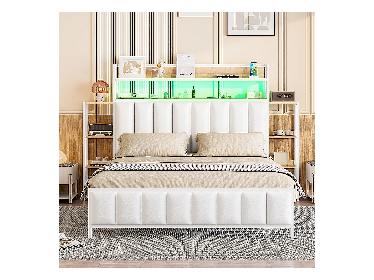 Lit adulte 160x200cm blanc en PU, tête de lit avec Étagères et LED, sommier à lattes, sans matelas