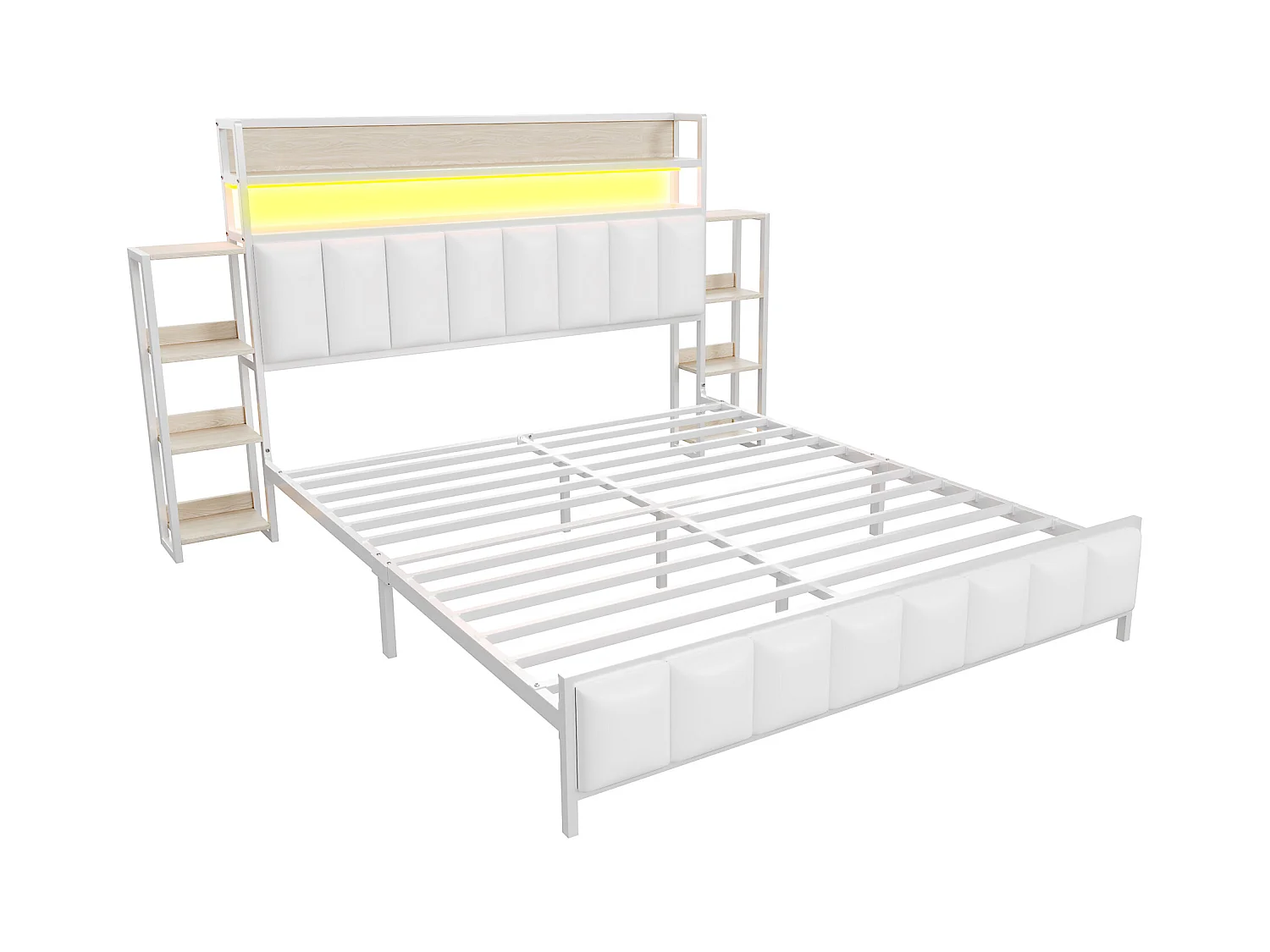 Lit adulte 160x200cm blanc en PU, tête de lit avec Étagères et LED, sommier à lattes, sans matelas