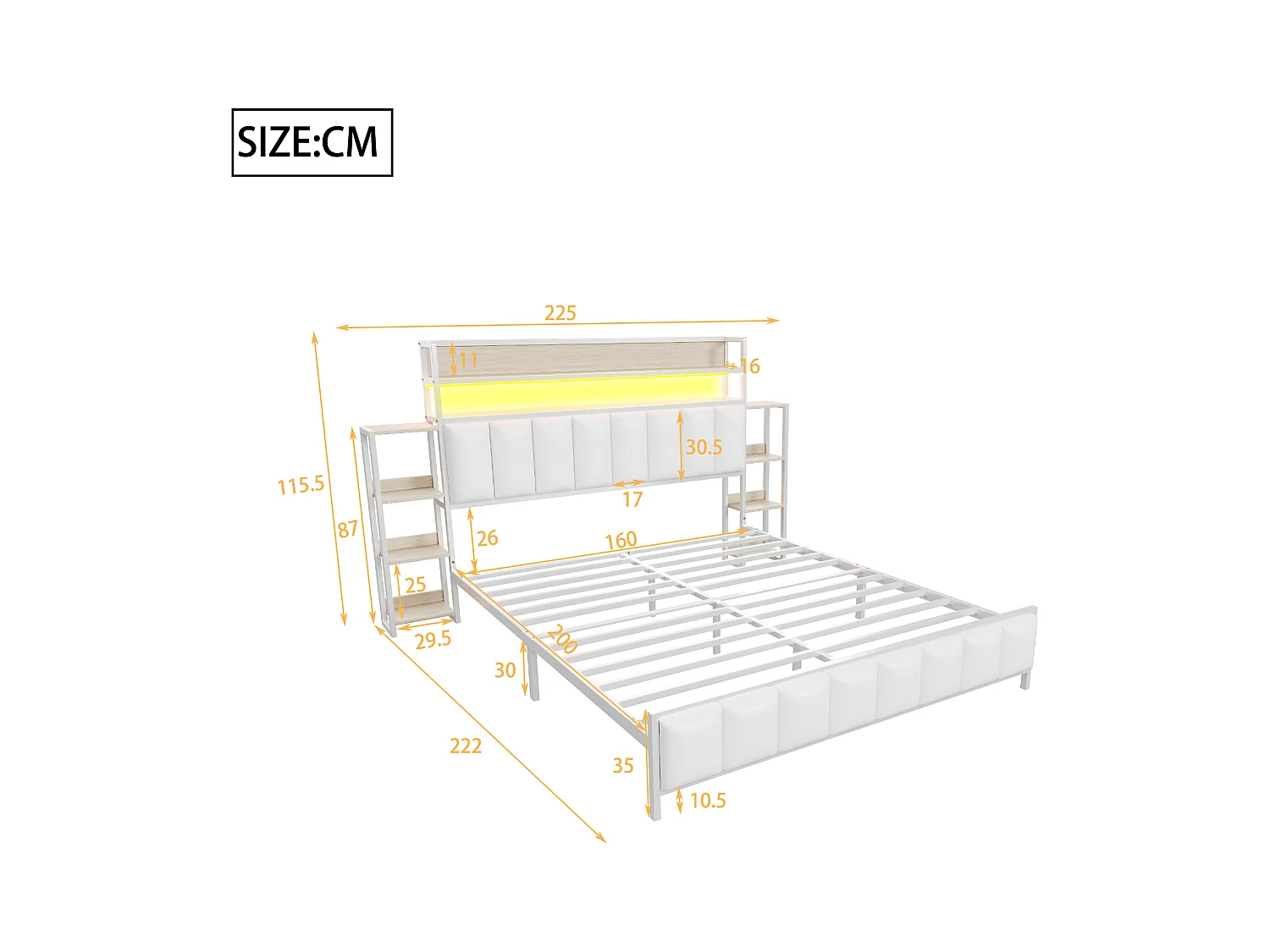 Lit adulte 160x200cm blanc en PU, tête de lit avec Étagères et LED, sommier à lattes, sans matelas