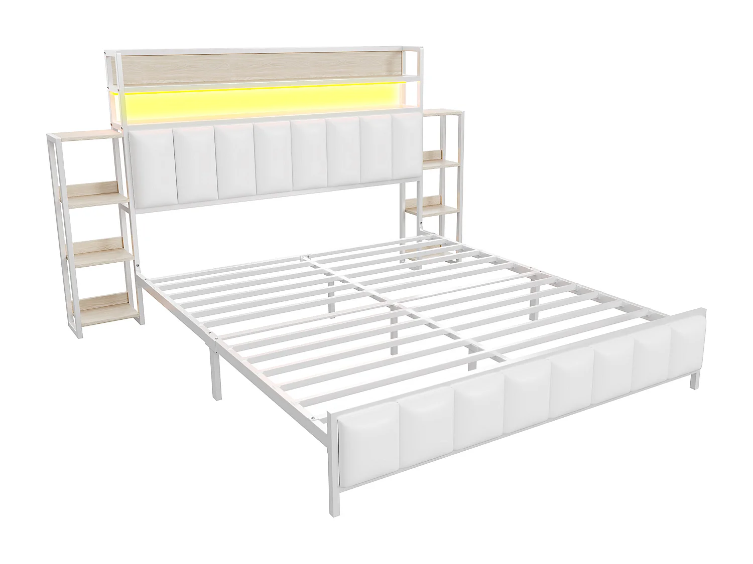 Lit adulte 160x200cm blanc en PU, tête de lit avec Étagères et LED, sommier à lattes, sans matelas