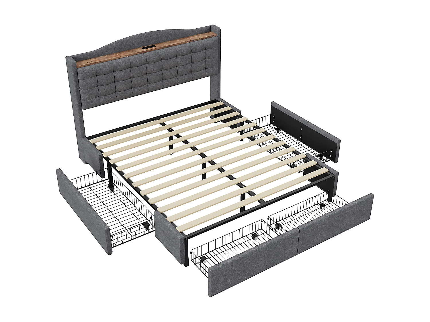 Lit adulte 160x200cm gris en lin avec 4 tiroirs et USB, Sommier à lattes, sans matelas