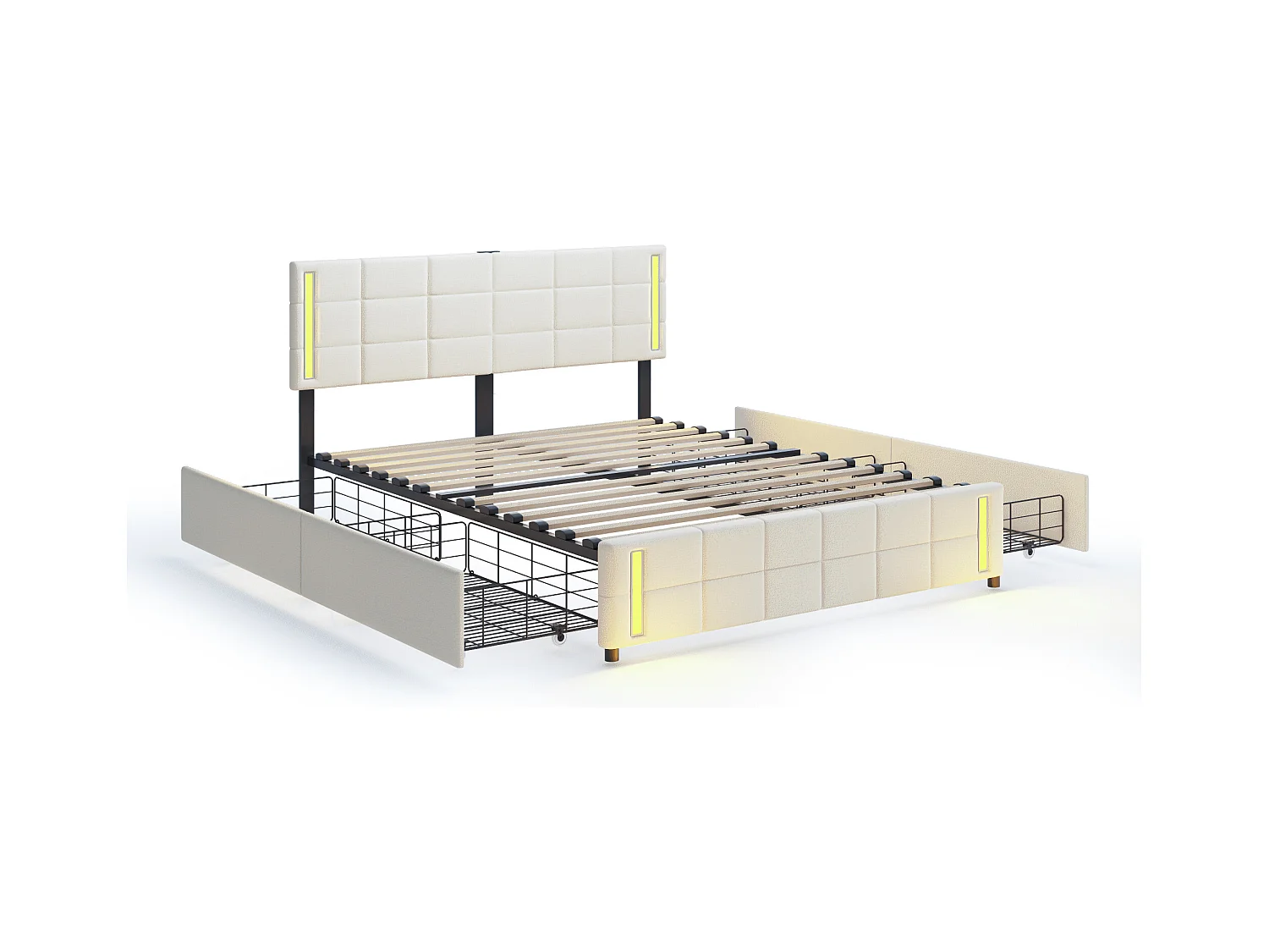 Lit adulte/enfant 140x200cm beige en lin avec 4 tiroirs, LED et USB, tête de lit réglable en hauteur, sans matelas