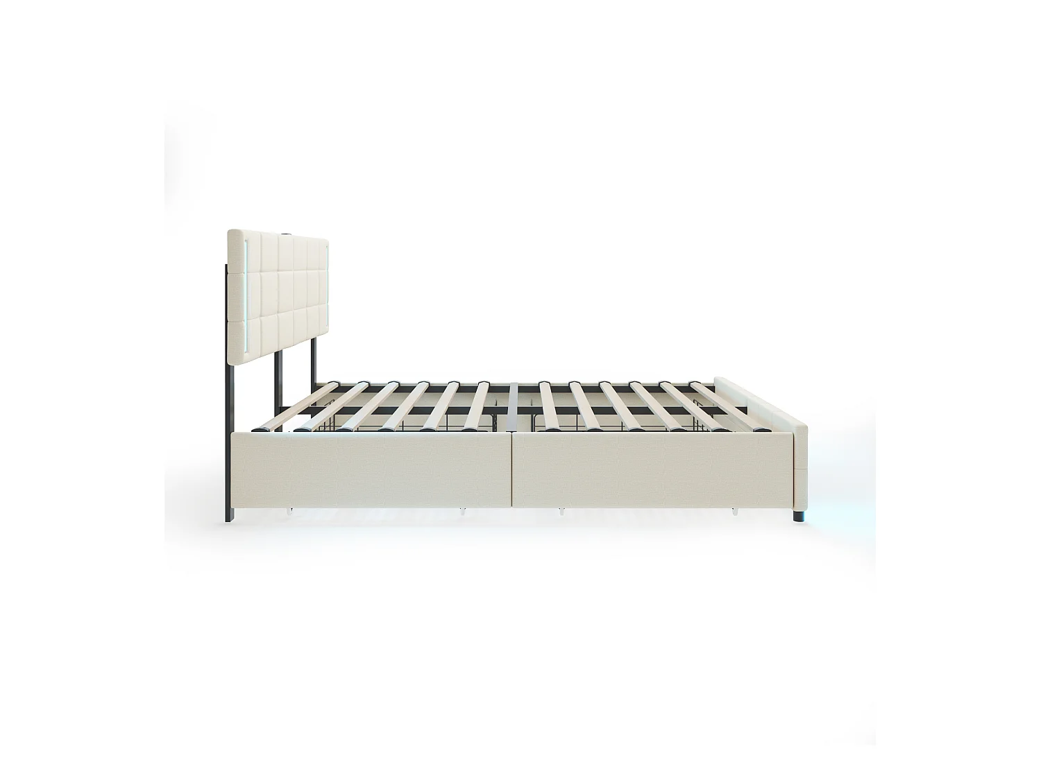 Lit adulte/enfant 140x200cm beige en lin avec 4 tiroirs, LED et USB, tête de lit réglable en hauteur, sans matelas