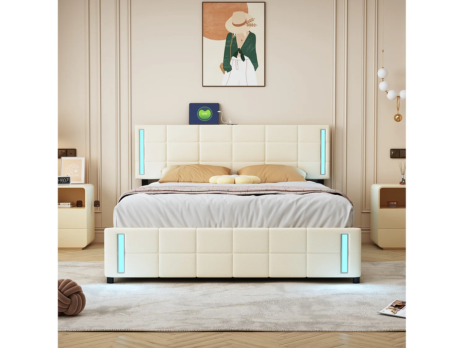 Lit adulte/enfant 140x200cm beige en lin avec 4 tiroirs, LED et USB, tête de lit réglable en hauteur, sans matelas