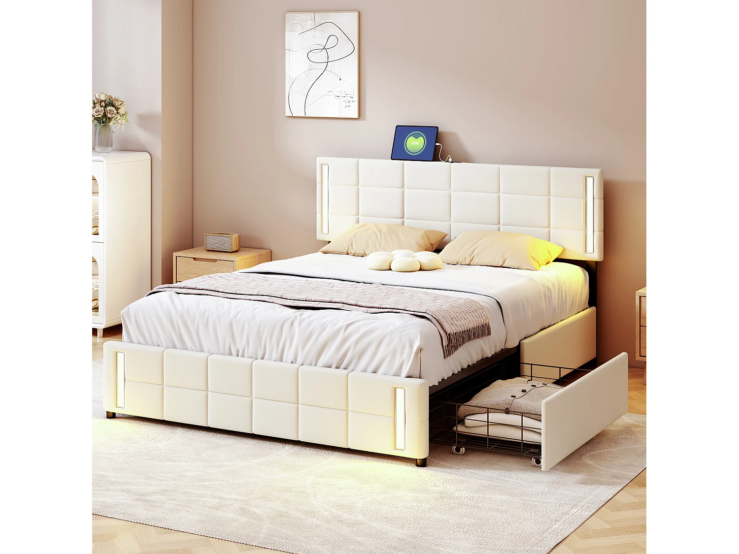 Lit adulte/enfant 140x200cm beige en lin avec 4 tiroirs, LED et USB, tête de lit réglable en hauteur, sans matelas