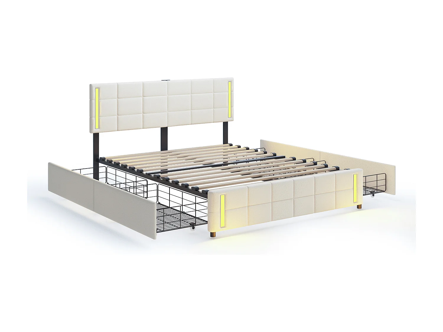 Lit adulte/enfant 140x200cm beige en lin avec 4 tiroirs, LED et USB, tête de lit réglable en hauteur, sans matelas