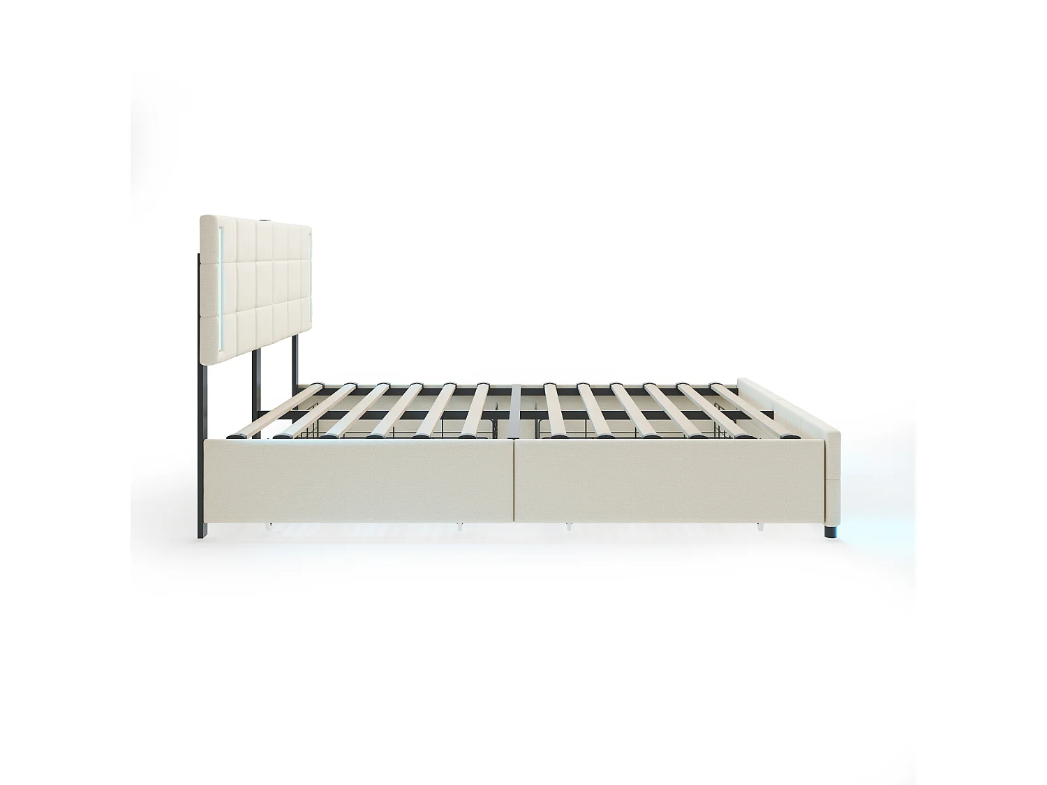 Lit adulte/enfant 140x200cm beige en lin avec 4 tiroirs, LED et USB, tête de lit réglable en hauteur, sans matelas