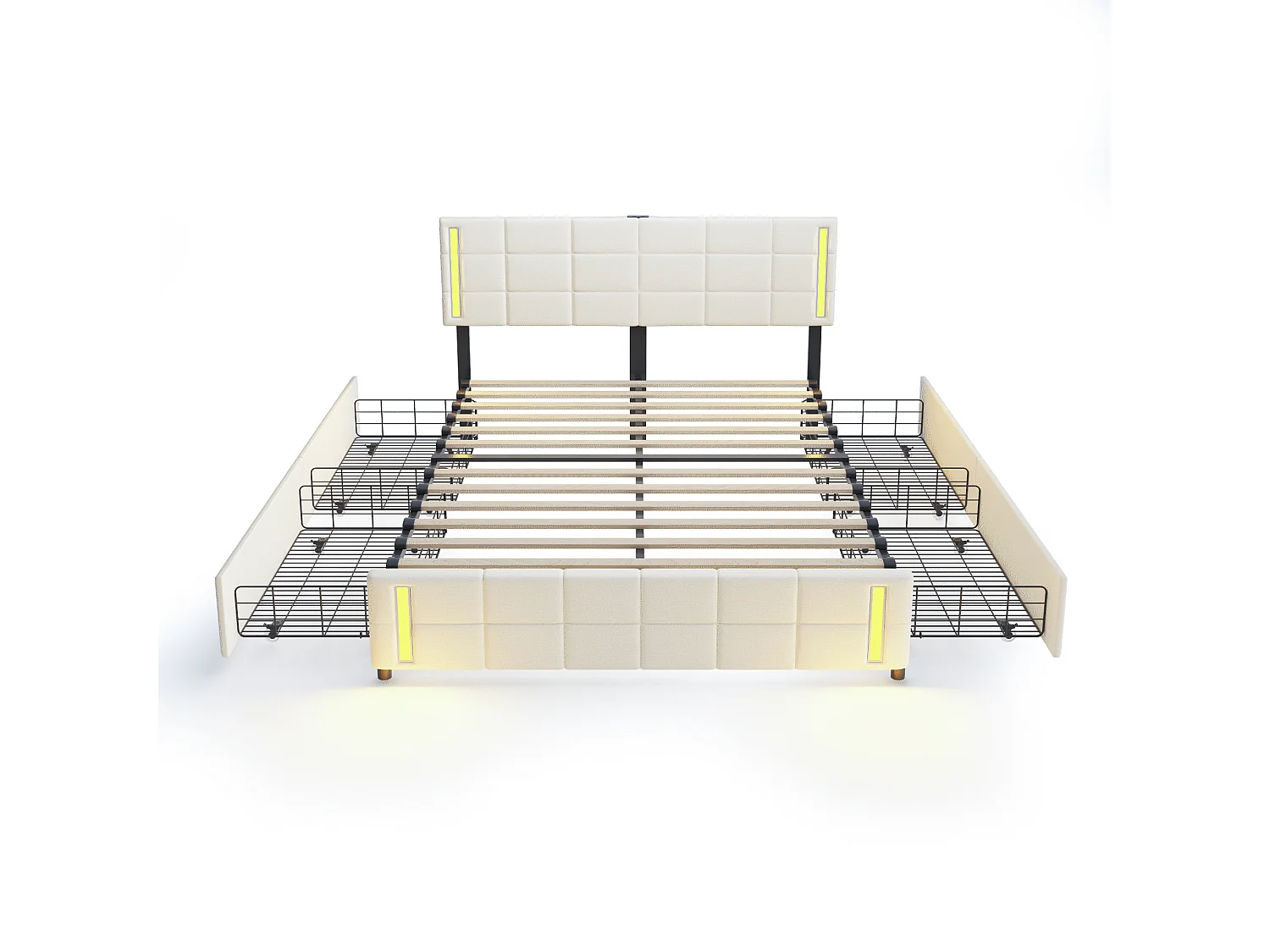 Lit adulte/enfant 140x200cm beige en lin avec 4 tiroirs, LED et USB, tête de lit réglable en hauteur, sans matelas