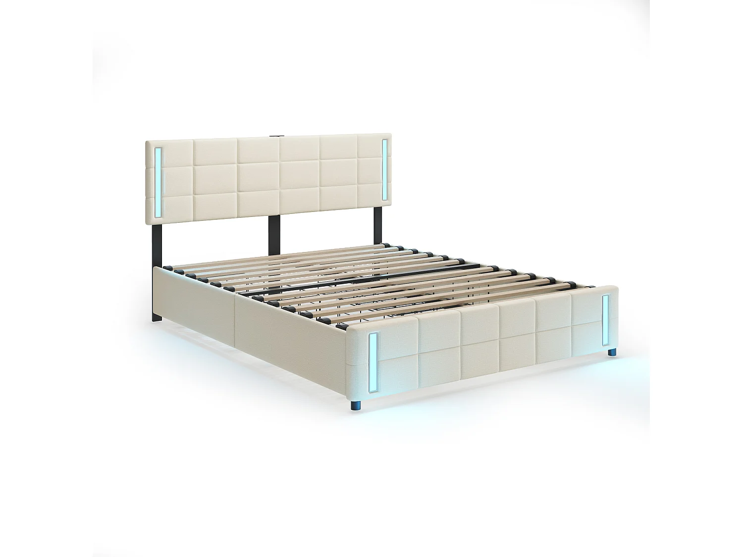 Lit adulte/enfant 140x200cm beige en lin avec 4 tiroirs, LED et USB, tête de lit réglable en hauteur, sans matelas