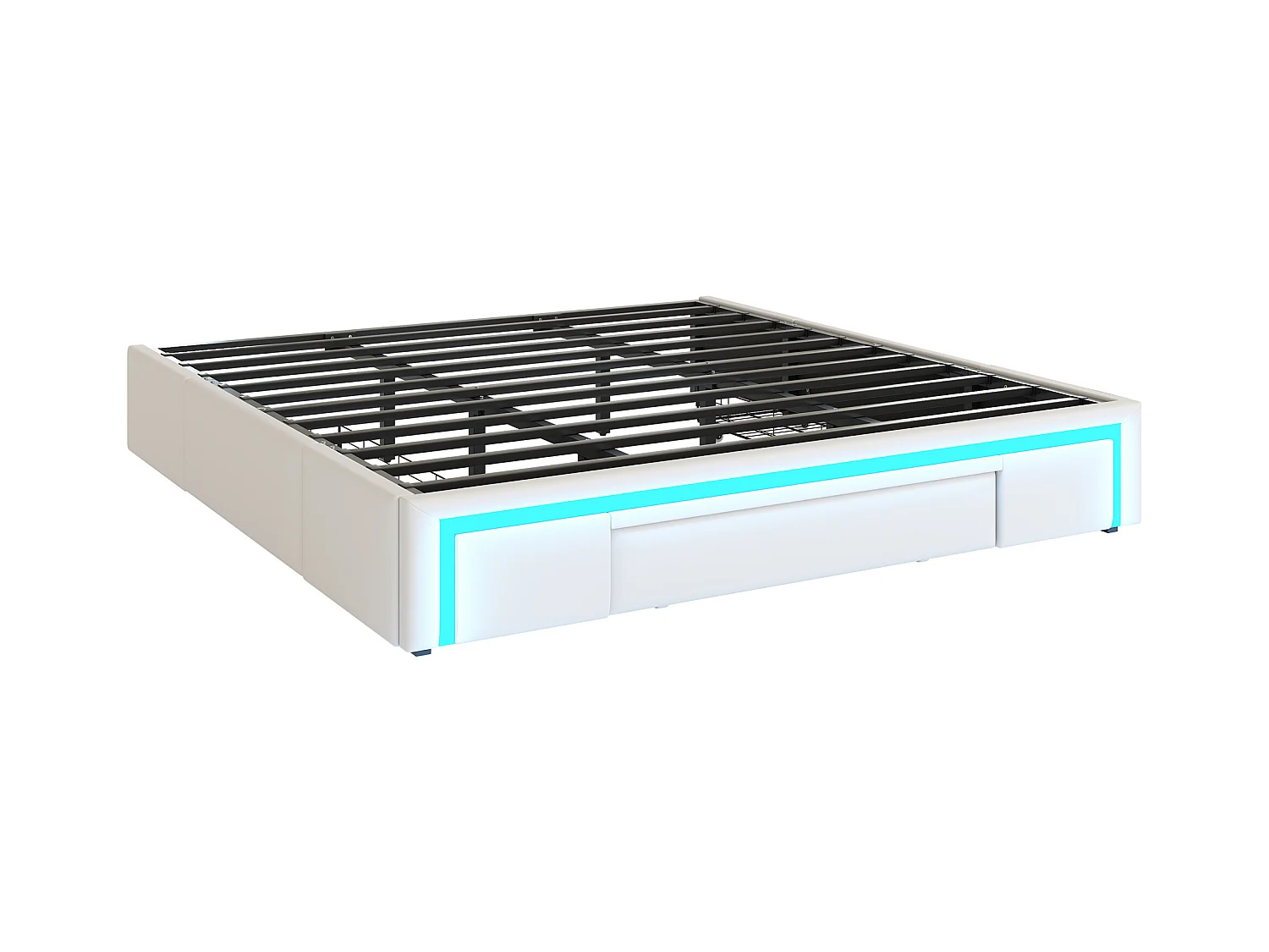 Cama infantil 180x200 cm bege em PU com 3 gavetas e luz LED, sem cabeceira, estrado incluído, sem colchão