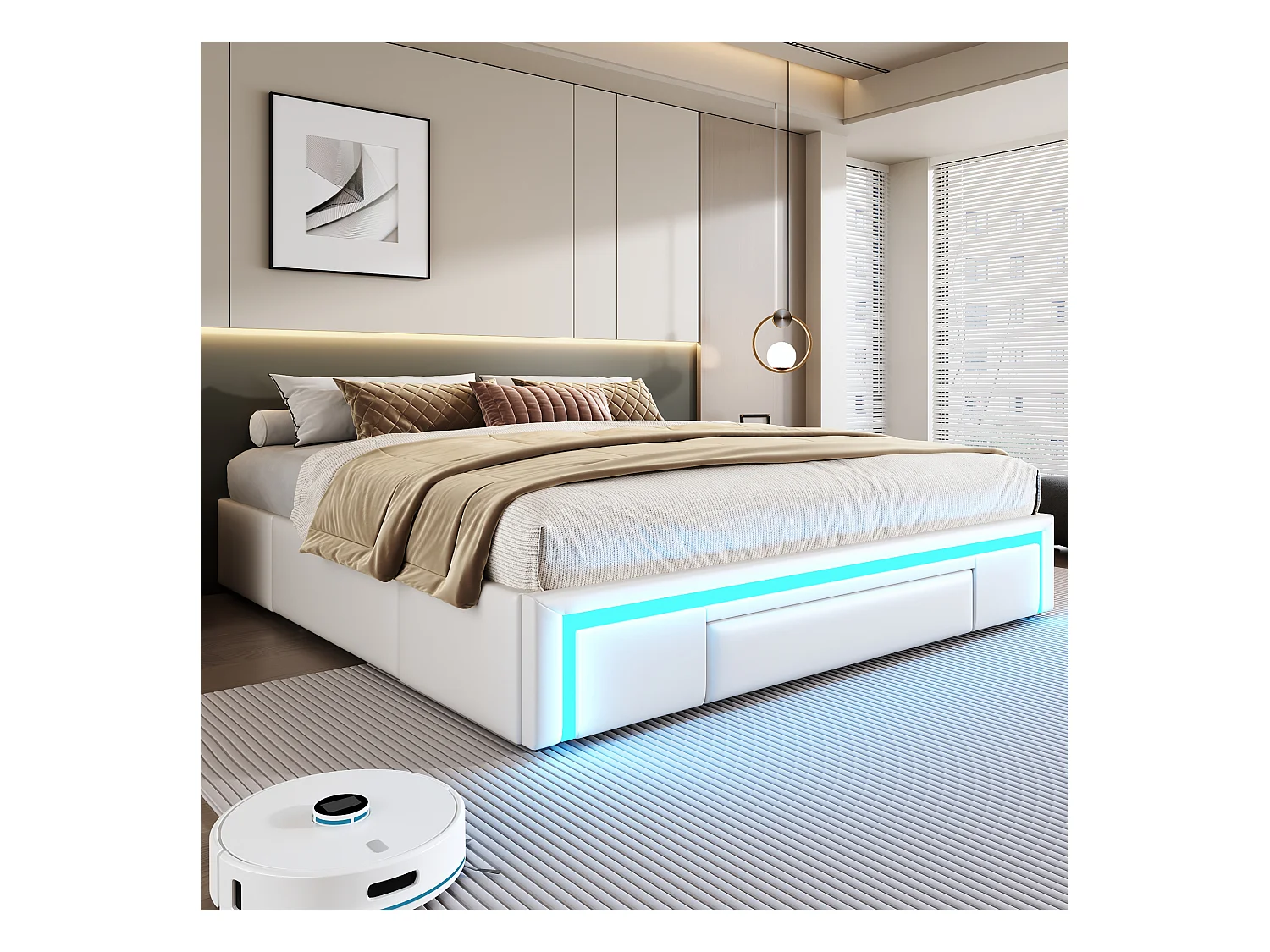 Cama infantil 180x200 cm bege em PU com 3 gavetas e luz LED, sem cabeceira, estrado incluído, sem colchão