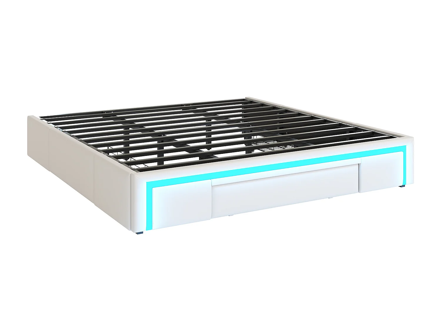 Lit enfant 180x200cm beige en PU avec 3 tiroirs et LED, sans tête de lit, sommier inclus, sans matelas